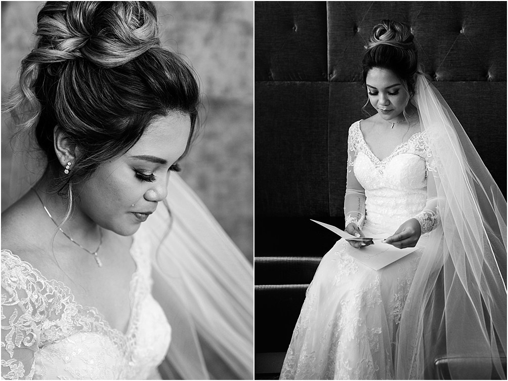 A bride cries as she reads a note from her groom
