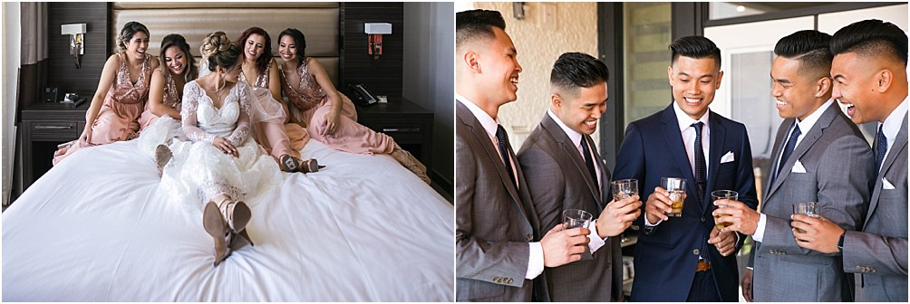 A bride sits on the bed with her bridesmaids around her