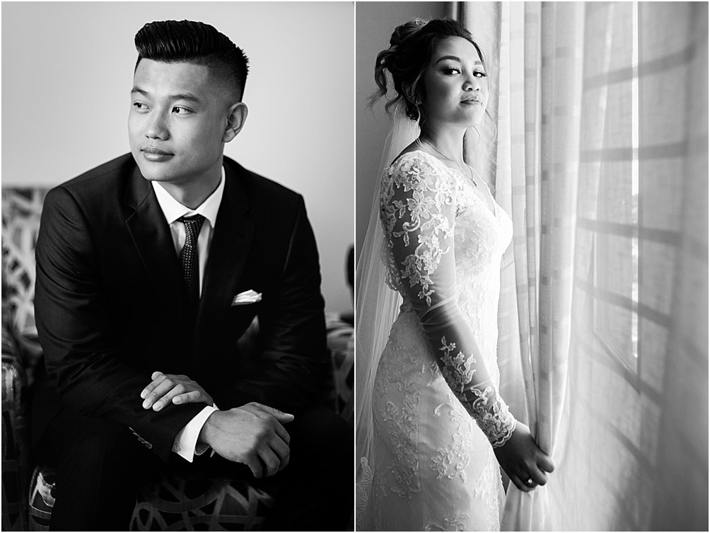 A bride and groom sit apart from each other