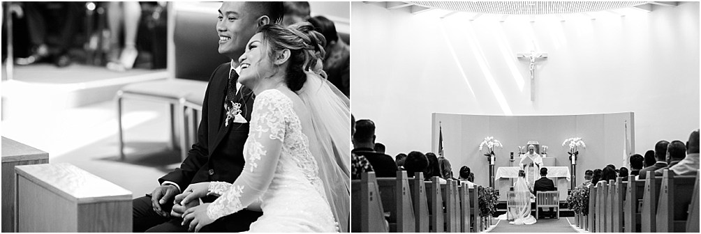 A bride and groom sit at the front of a catholic parish during their wedding ceremony