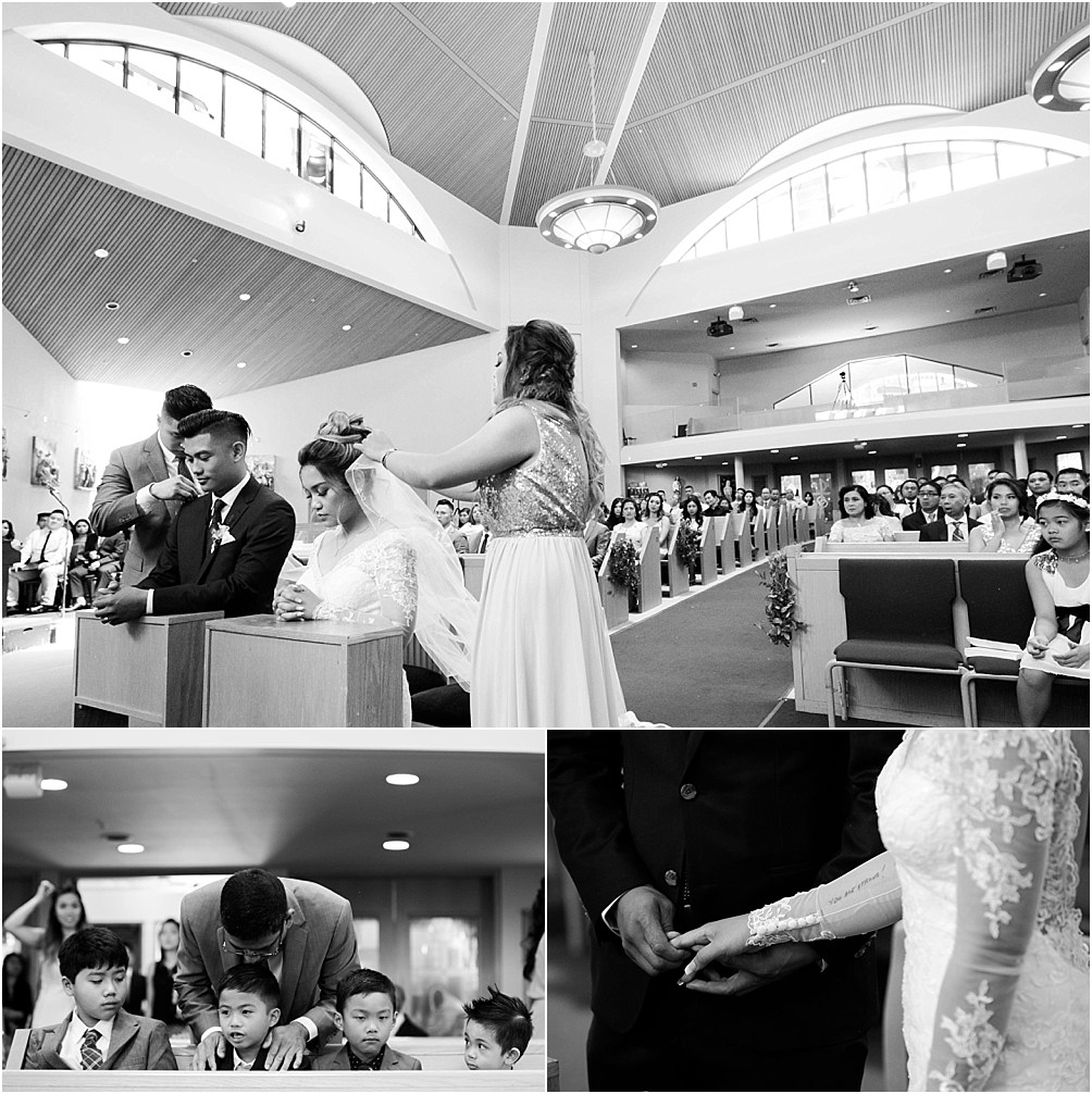 A bride and groom receive a traditional wedding shawl during their filipino wedding ceremony