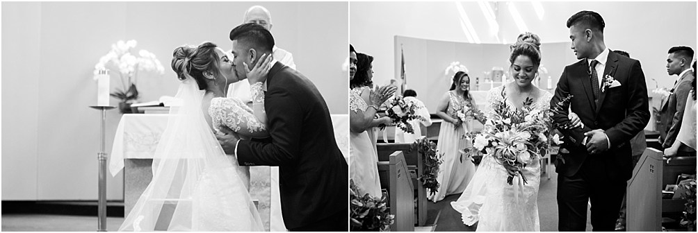A bride and groom share their first kiss and walk out of the church together