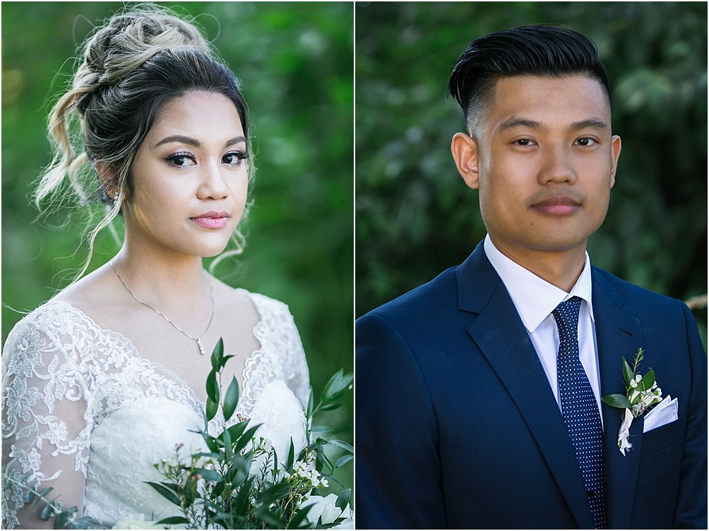A bride and groom in close up shots look at the camera
