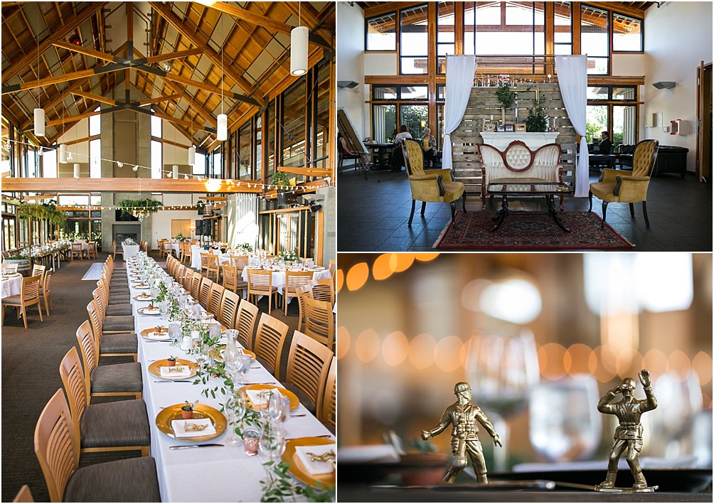 Wedding day details at Riverway Golf Course including small gold painted army men and vintage furniture