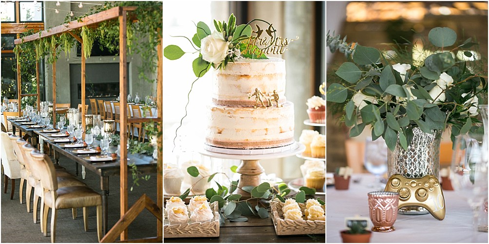 A wedding day cake and video game controllers painted gold as table numbers