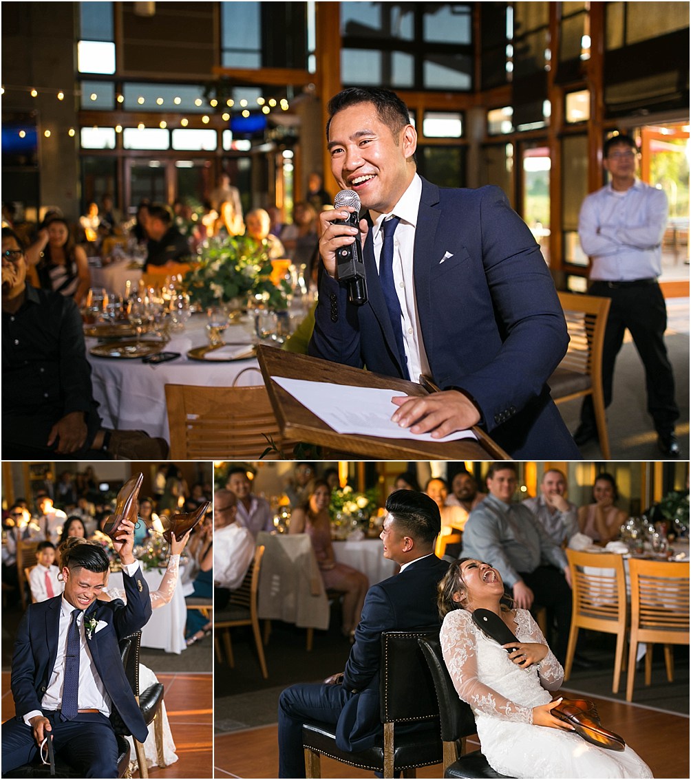 a wedding MC hosts the shoe game as the bride and groom take part