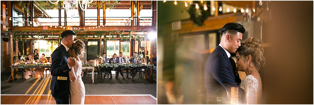 A bride and groom share their first dance as a married couple