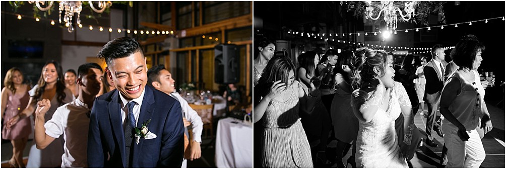 a bride and groom dance with their guests and friends