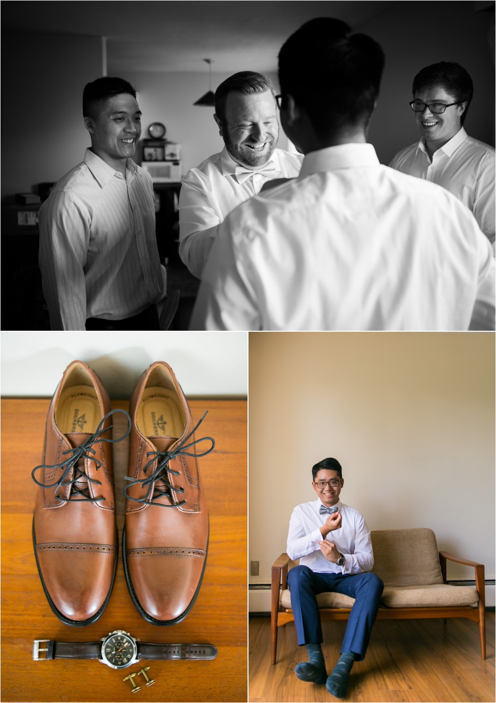 A groom gets ready on a couch and amongst three of his friends Burnaby by Clint Bargen Photography.