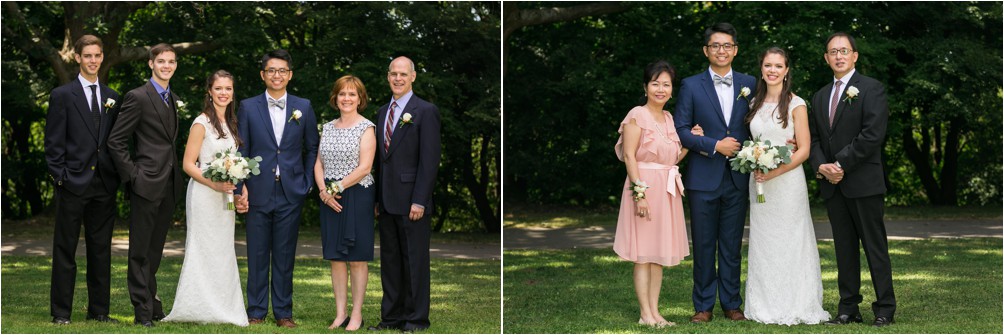The families of the bride and groom pose at Deer Lake Park by Clint Bargen Photography.
