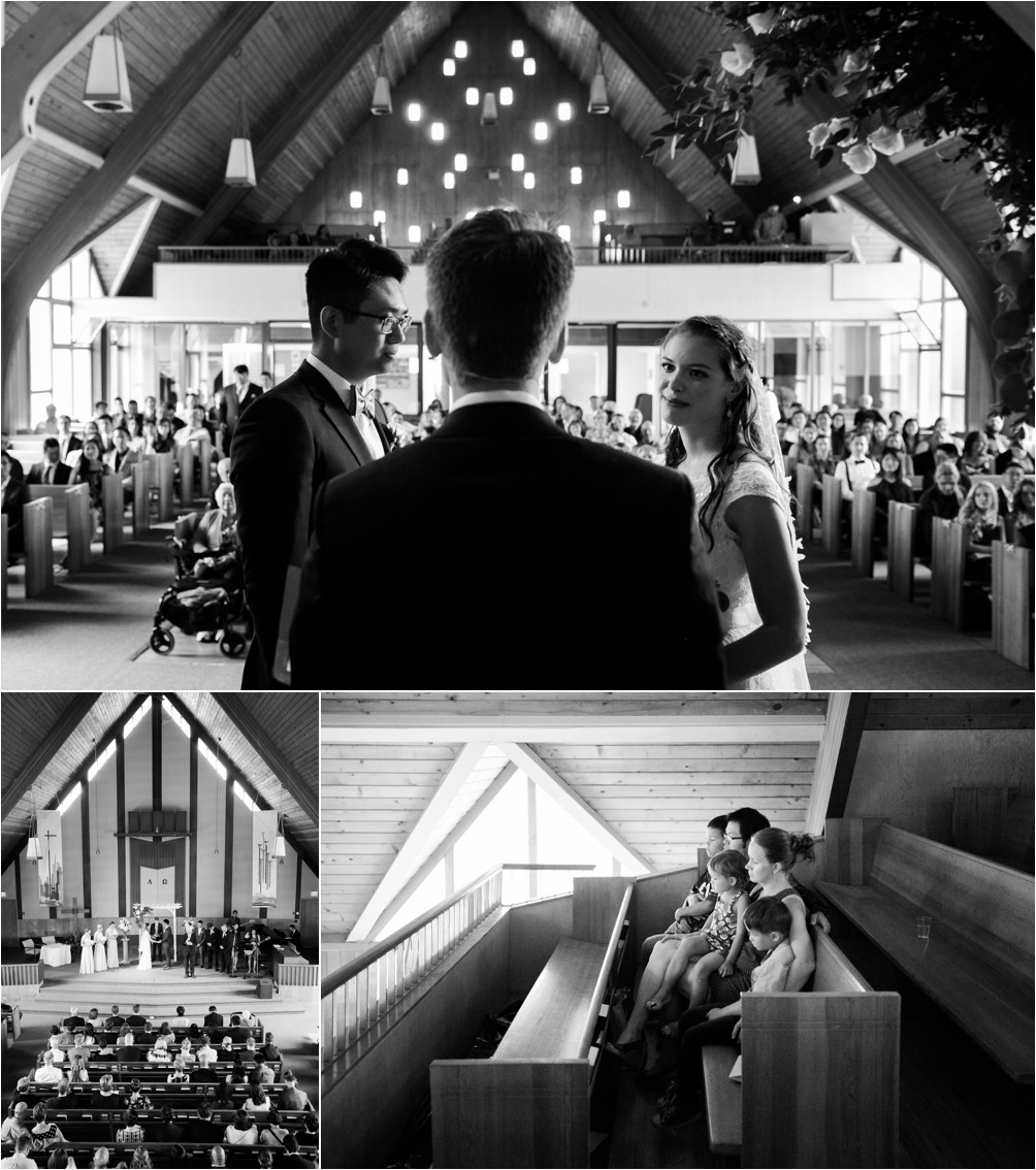 A bride and groom look at the pastor during their wedding ceremony at Killarney Park Mennonite Brethren Church by Clint Bargen Photography.