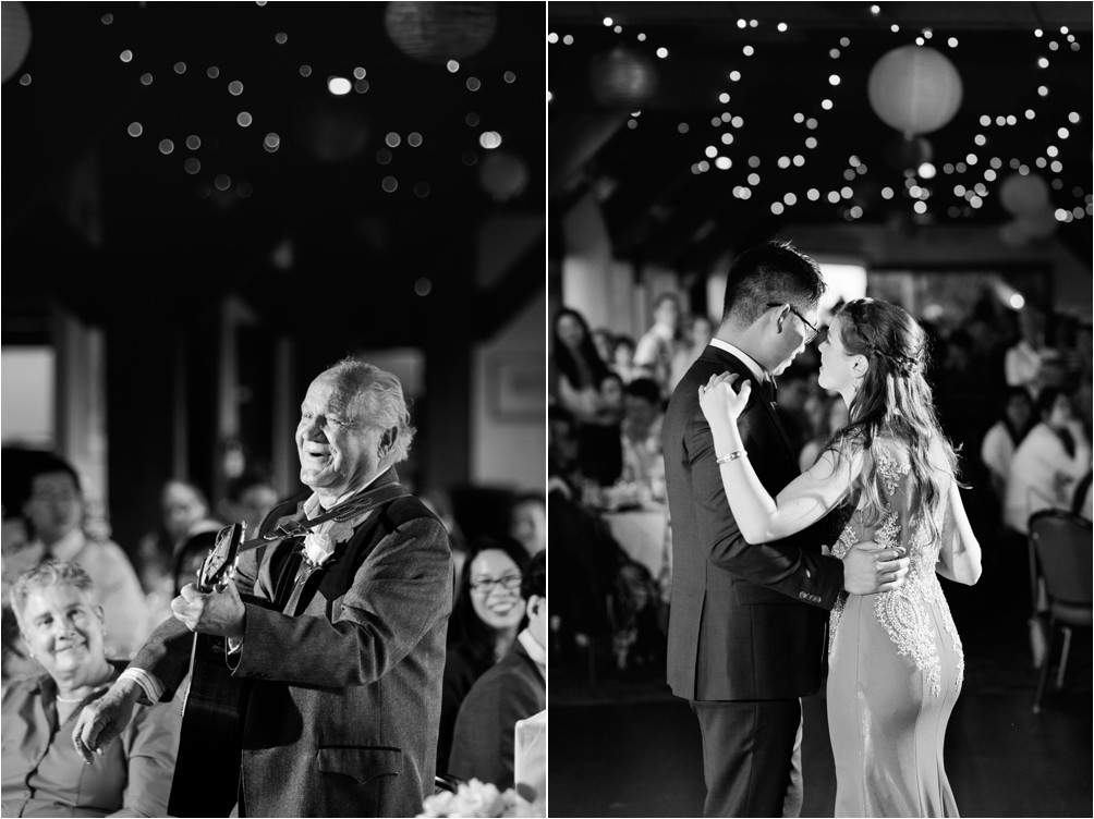 A older man plays a guitar for a bride and groom as they dance for the first time at the Diamond Alumni Centre at Simon Fraser University by Clint Bargen Photography.
